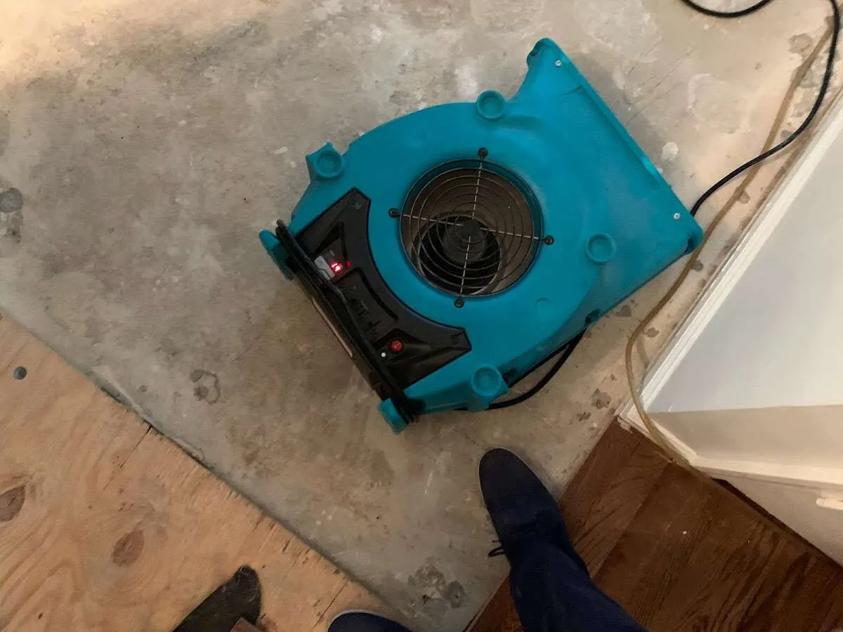 Air mover drying subfloor during Commercial Water Damage Restoration in Rehoboth
